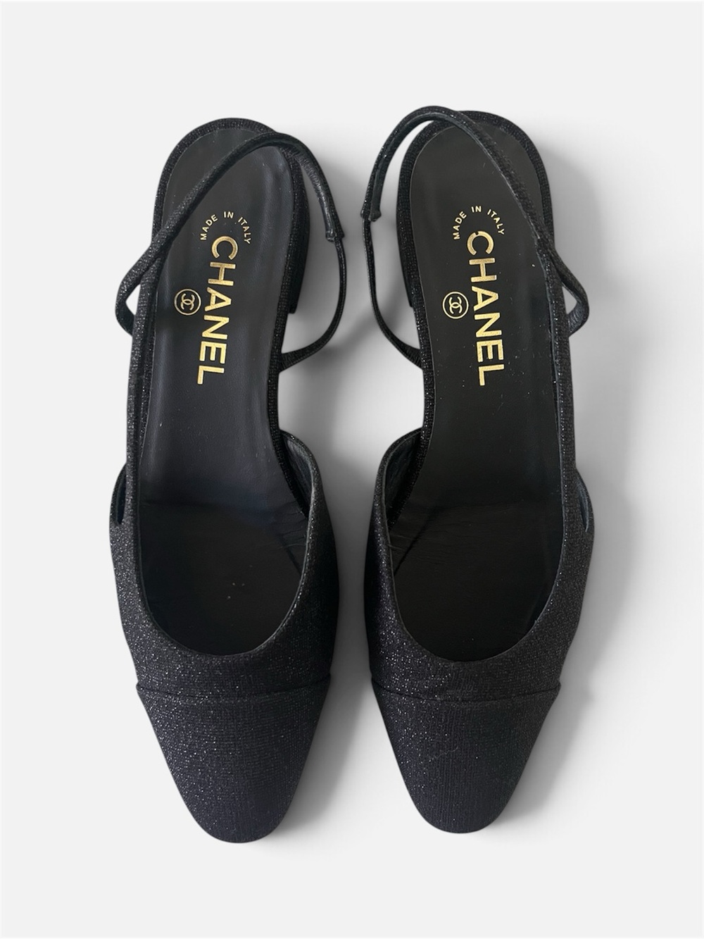 CHANEL Black Glitter Fabric & Cap Toe Slingback Flats Women’s Size 39 1/2